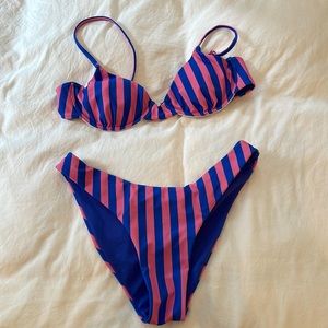 Pink and Blue Striped High Waisted Triangle Top Bikini Size Small (swimwear)